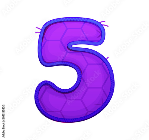 Foto Cartoon patch font motley purple number 5 five, patchwork typeface, ABC English clubber botch alphabet type