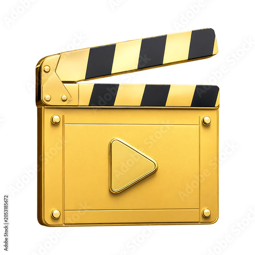 Golden clapperboard with play button detailed 3d rendering on transparent background movie slate film cinema