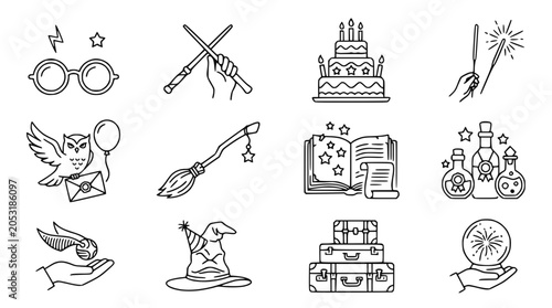 Valokuva Magical Icons Set: Wizardry, Fantasy, Birthday, Celebration - Vector Line Art
