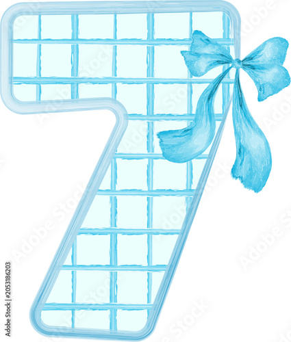 Blue Watercolor Decorative Number 7 with Bow Ribbon, Cute Feminine Monogram Illustration