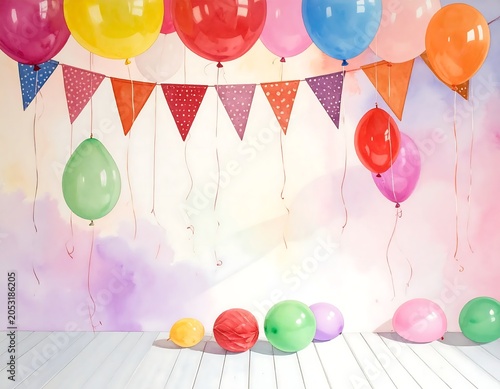 Colorful geometric paper heart decorations floating.
