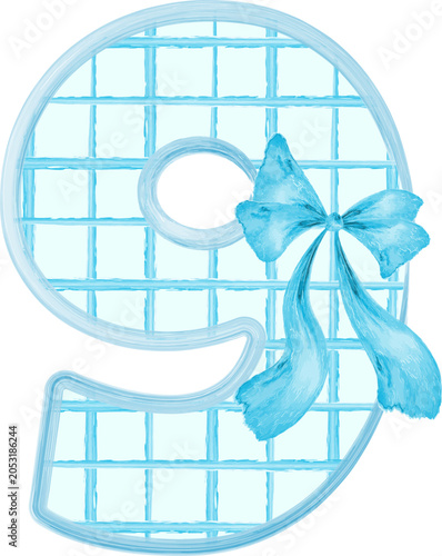 Blue Watercolor Decorative Number 9 with Bow Ribbon, Cute Feminine Monogram Illustration