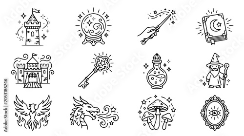 Fantasy Icons: Castle, Wizard, Dragon, Magic Wand, Crystal Ball, Potion, Spellbook, Phoenix, Key, Mushrooms