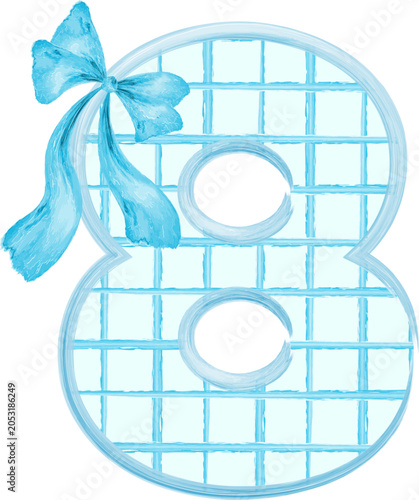 Blue Watercolor Decorative Number 8 with Bow Ribbon, Cute Feminine Monogram Illustration