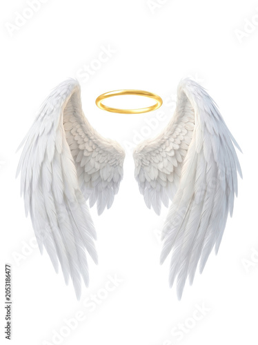 White angel wings with golden halo on isolated white background