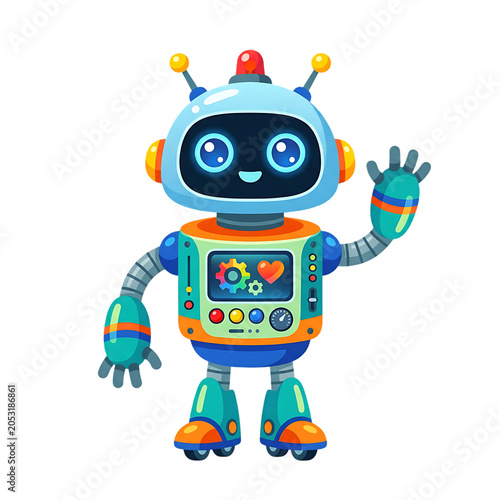 Friendly robot character in cartoon style with bright colors and glossy texture for childrens education on transparent background