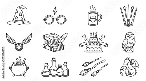 Canvas-taulu Magical Icons Set: Wizard Hat, Glasses, Owl, Wand, Potion, Dragon, Cake, Snitch