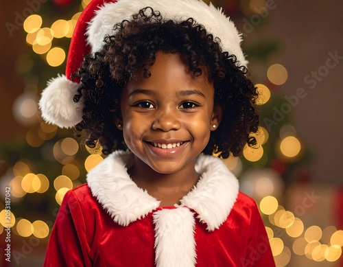 Portrait of a young child smiling, wearing a Santa hat and outfit in front of a Christmas tree with bokeh lights