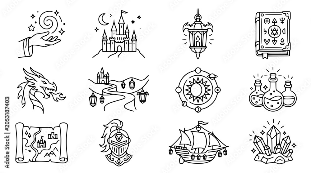 Obraz premium Fantasy Icons Collection: Magic, Castle, Dragon, Ship, Map, Crystals, Alchemy