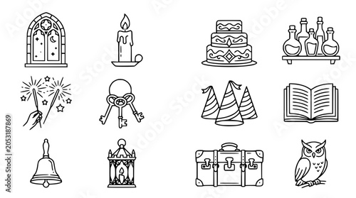 Magical School Icons: Window, Candle, Cake, Potions, Sparkler, Keys, Hats, Book, Bell, Lantern, Suitcase, Owl