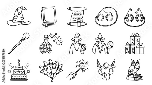 Foto Fantasy Magic Icons: Wizard Hat, Wand, Potion, Book, Scroll, Owl, Cake