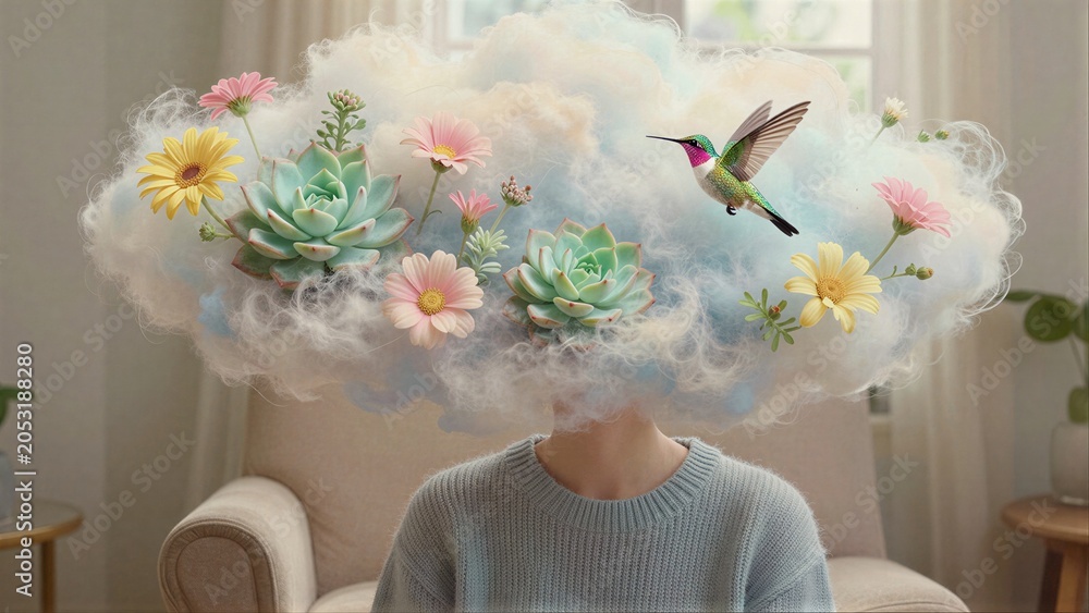 Fototapeta premium Person relaxes in armchair dreaming of hummingbirds and flowers