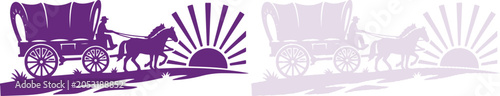 Foto Covered Wagon with Horses and Rising Sun Silhouette Icon in Purple American Occa
