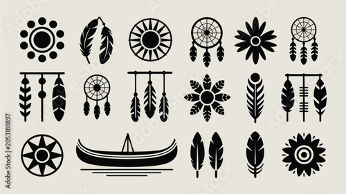 Native american symbols and icons vector tribal cultural elements flower sun.
