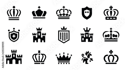 Bild auf Leinwand Heraldic icons set featuring royal crowns and shields with castle silhouettes for design