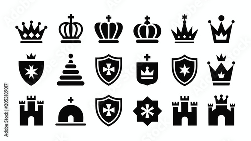 Fotografía Monochrome heraldry elements including pointed crowns and decorative shields for graphics