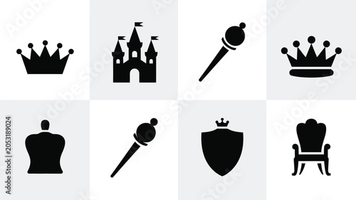 Foto Minimalist royal icons with silhouette of crown scepter and castle for web and print use