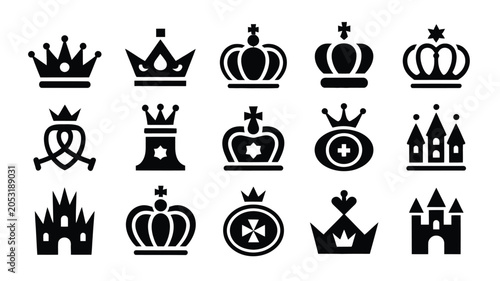 Foto Collection of various black crown and castle icons, king and queen symbols, royal insignia set