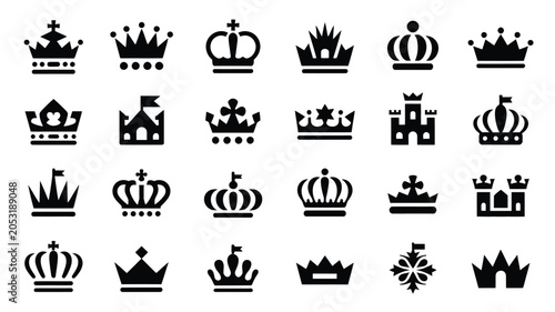 Foto Comprehensive collection of various black crown and castle icons, diverse royal symbols set