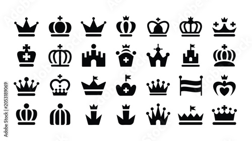 Foto Assortment of crown and shield icons including castles and royal regalia symbols