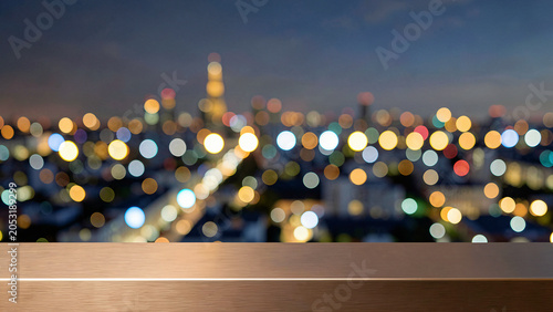 Brushed Bronze Metal Bar Counter on Luxury Hotel Rooftop Terrace Overlooking Urban Metropolis Luxury