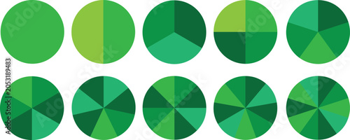 Circle pie chart diagram. Circle division infographic icon set. Loading bar set diagram multicolored collection. Pie chart divided 1,2,3,4,5,6,7,8,9,10, 11, 12 equal parts.
