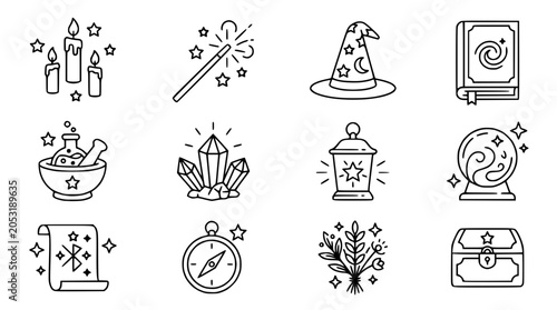 Schilderij op canvas Mystical Magic Symbols Icons Set: Candles, Wand, Hat, Book, Potion, Crystals, Or