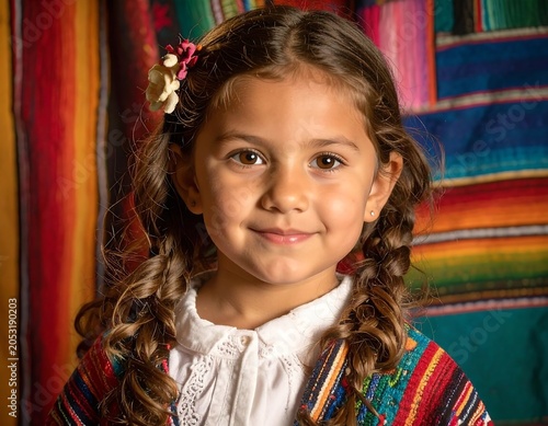 Portrait of a young child with long curly brown hair in pigtails, adorned with a flower hair clip, smiling happily