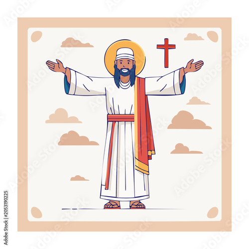 Jesus Christ with open arms and halo, flat design illustration