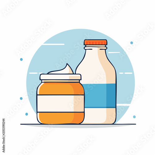 Illustration of a jar of cream and a bottle of milk