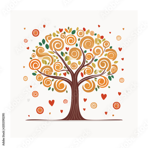 Stylized tree with hearts and leaves on white background