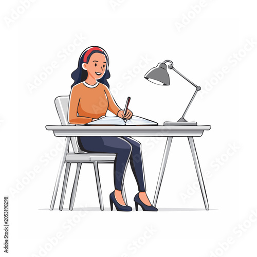 Woman studying at a desk with a lamp