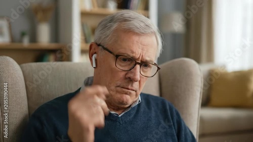Older man with hearing aid and glasses shows surprise in living room chair, senior portrait for searchable video title