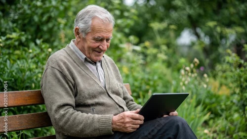 Elderly man with tablet garden smiling senior bench outdoors, elderly man using tablet garden smiling senior male bench outdoors