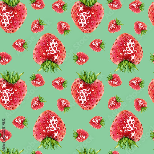 A seamless pattern for fabric or packaging featuring a juicy strawberries. A simple yet elegant endless, delicious fresh red berry with green leaves on top pattern. Hand drawn watercolor illustration