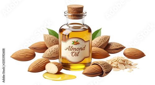 Realistic Almond Oil Bottle Surrounded by Nuts and Leaves on White
