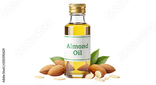 Realistic Almond Oil Bottle with Almonds and Leaves Transparent Background