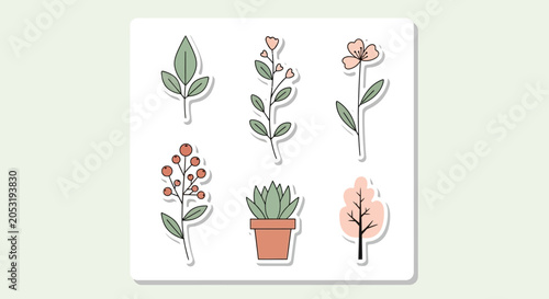 Set of Botanical Illustrations: Leaves, Flowers, Plant, Berries, Tree