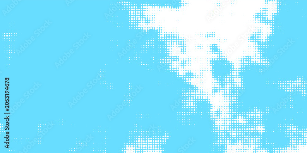 Obraz premium Bright blue sky halftone background. Fading retro comic gradient pattern. Pixelated dotted cloud texture overlay. Cartoon pop art grain backdrop for poster, banner, advertisement, brochure. Vector