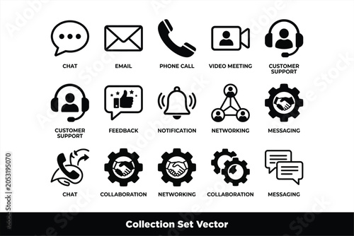 Black Line Business Collaboration and Communication Vector Icon Set