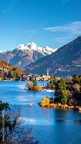 Serene alpine lake with snow capped peaks and village.