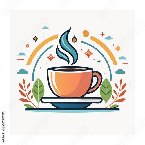 Flat design illustration of a steaming coffee cup on a saucer