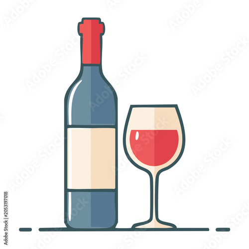 Flat design illustration of a wine bottle and a glass of red wine