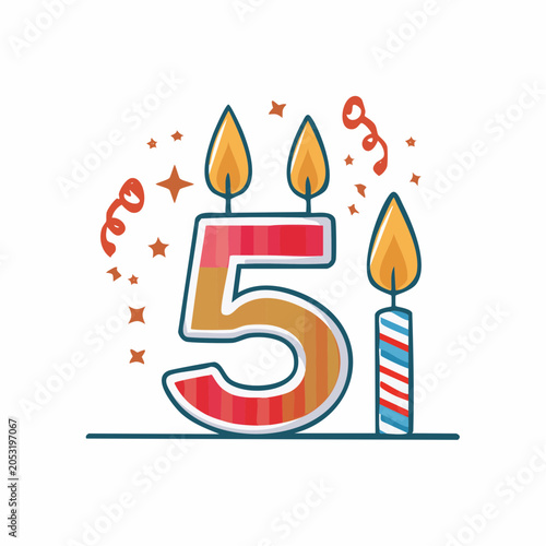 Number 5 Birthday Candle with Confetti and Stars