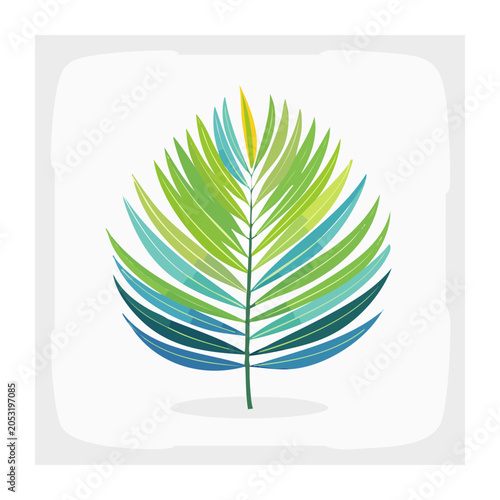 Stylized palm leaf illustration in green and blue colors