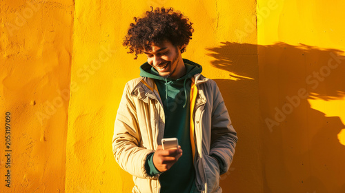 Young Man Using Smartphone While Standing Against Vibrant Yellow Urban Background