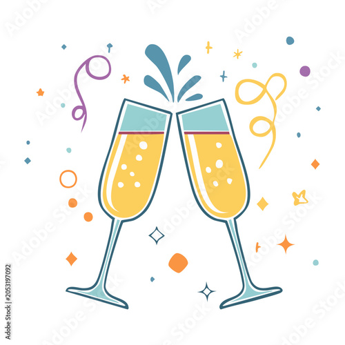 Two champagne glasses toasting with bubbles and confetti