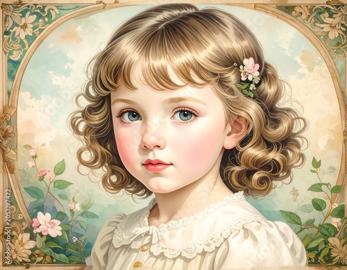 Portrait of a young girl with curly blonde hair, rosy cheeks, and blue eyes, framed with floral embellishments