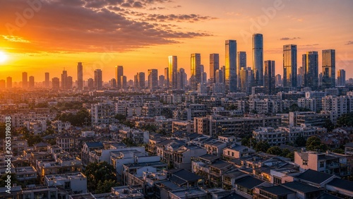 Foto Golden skyline over low rise neighborhoods