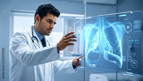 Scientist analyzing data on holographic display.